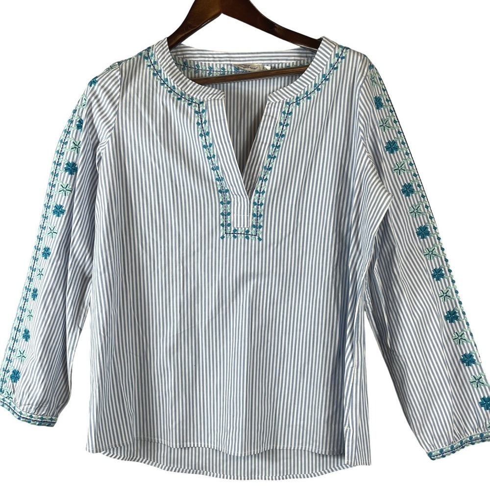Vineyard Vines Women L Tunic Striped Embroidered Blue White Split Hem Top Preppy